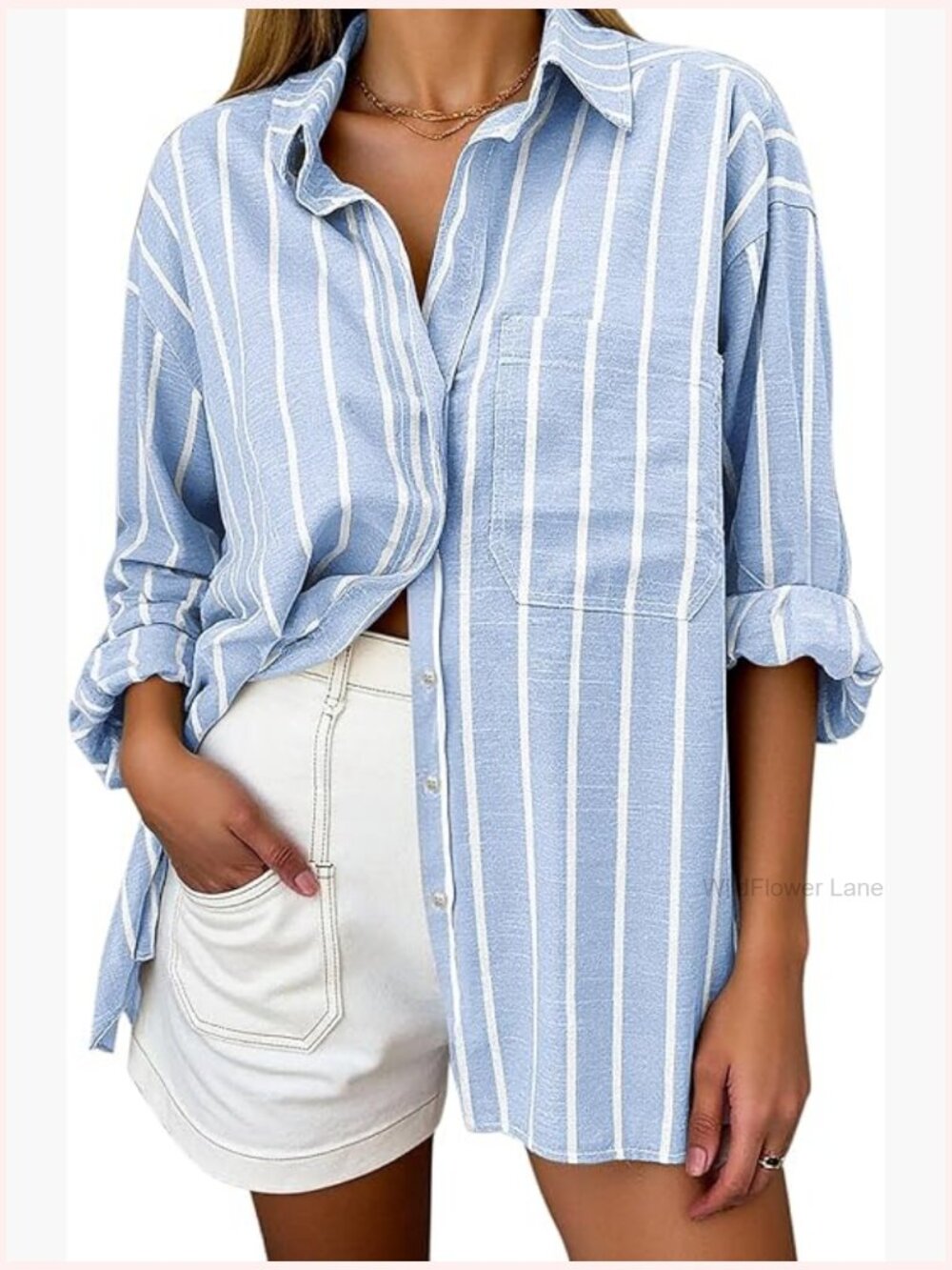Oversized Linen Button Down Shirt Long Sleeve Collared Blouse with Pocket Beach - Picture 1 of 7